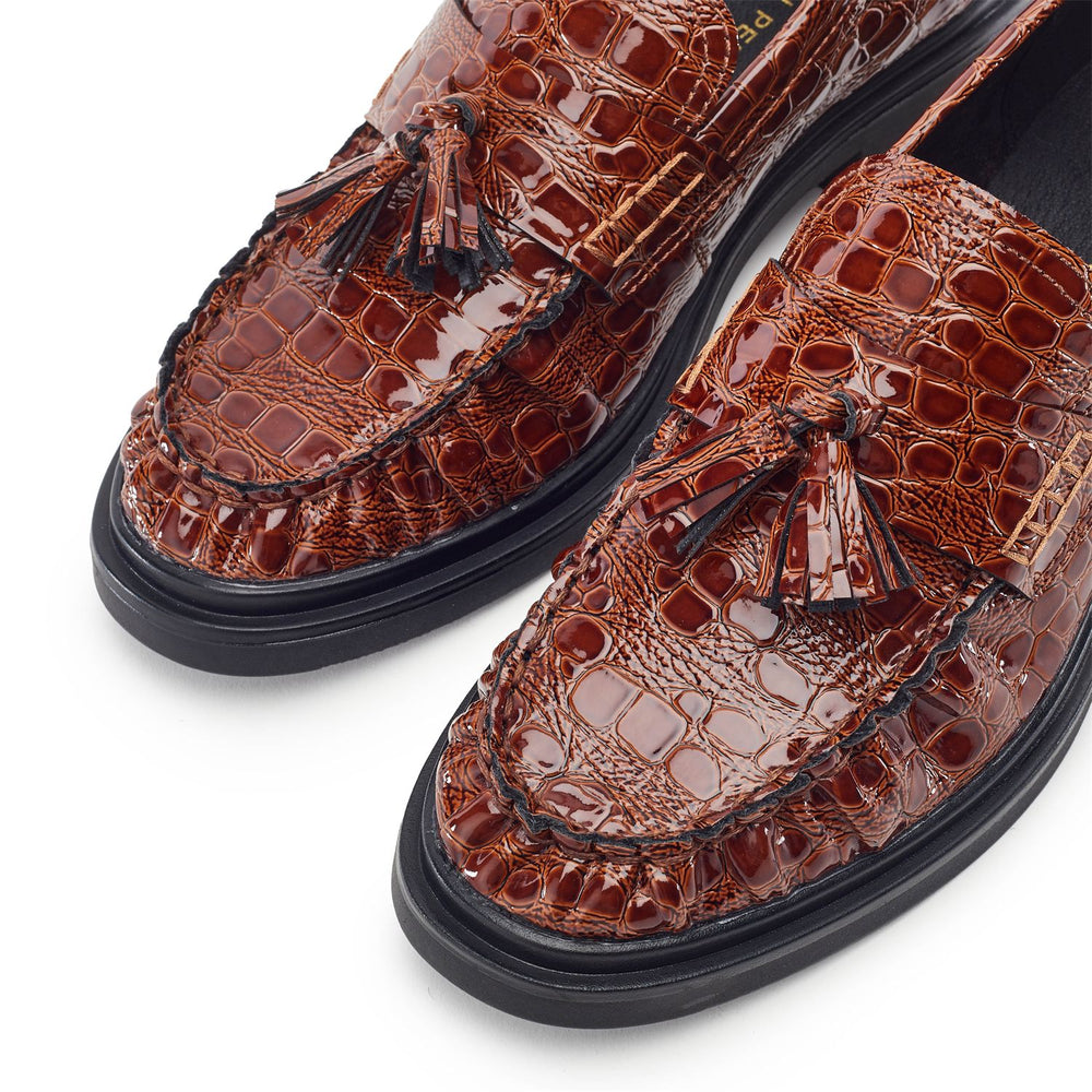 Erisse Tan Patent Mocc Croc Shoes