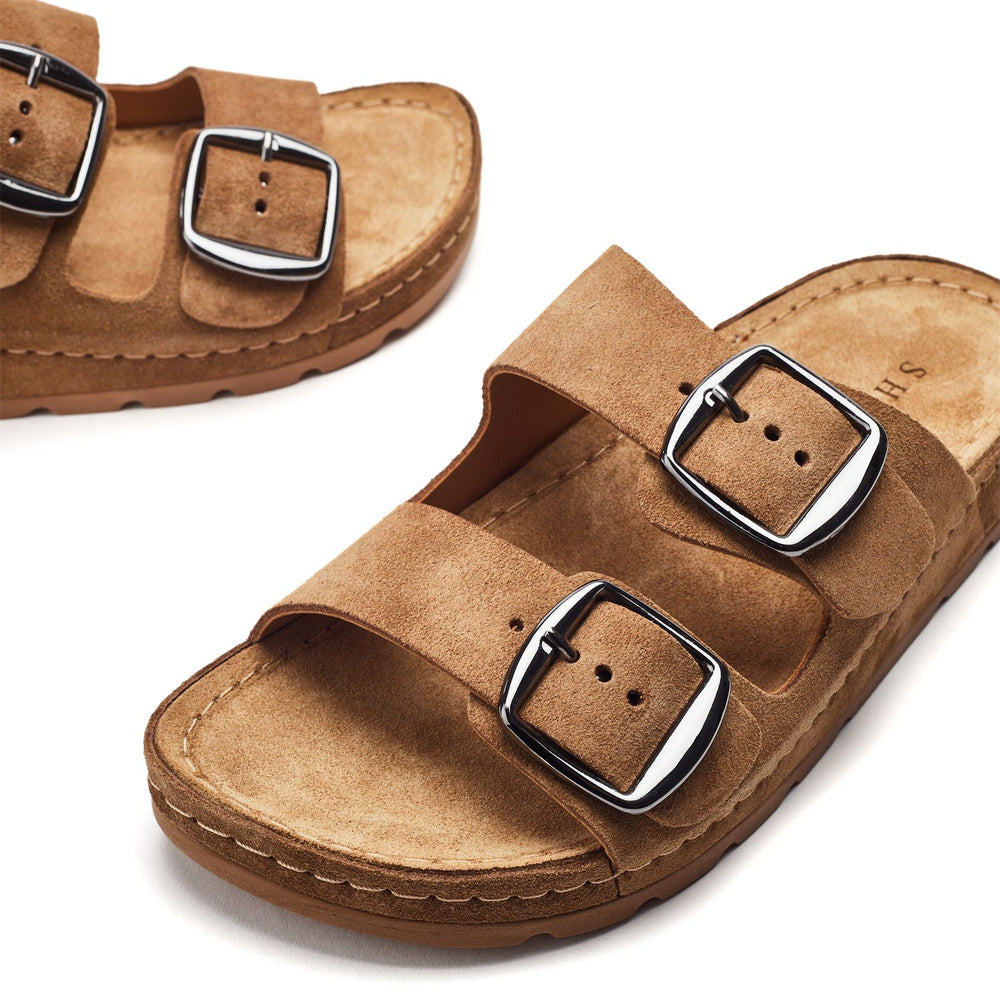 Sh Elate Tan Suede Sandals